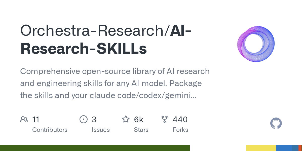 Comprehensive open-source library of AI research and engineering skills for any AI model. Package the skills and your claude code/codex/gemini agent will be an AI research agent with full horsepower. Maintained by Orchestra Research.